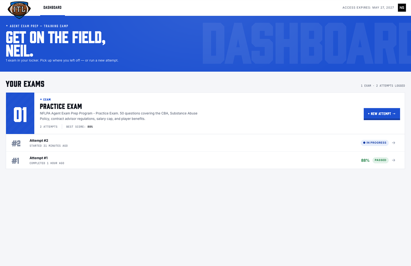 User dashboard showing exams and attempts