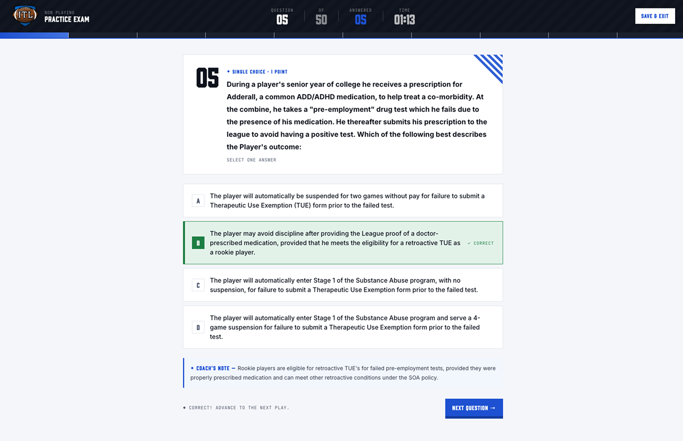 Practice exam question interface